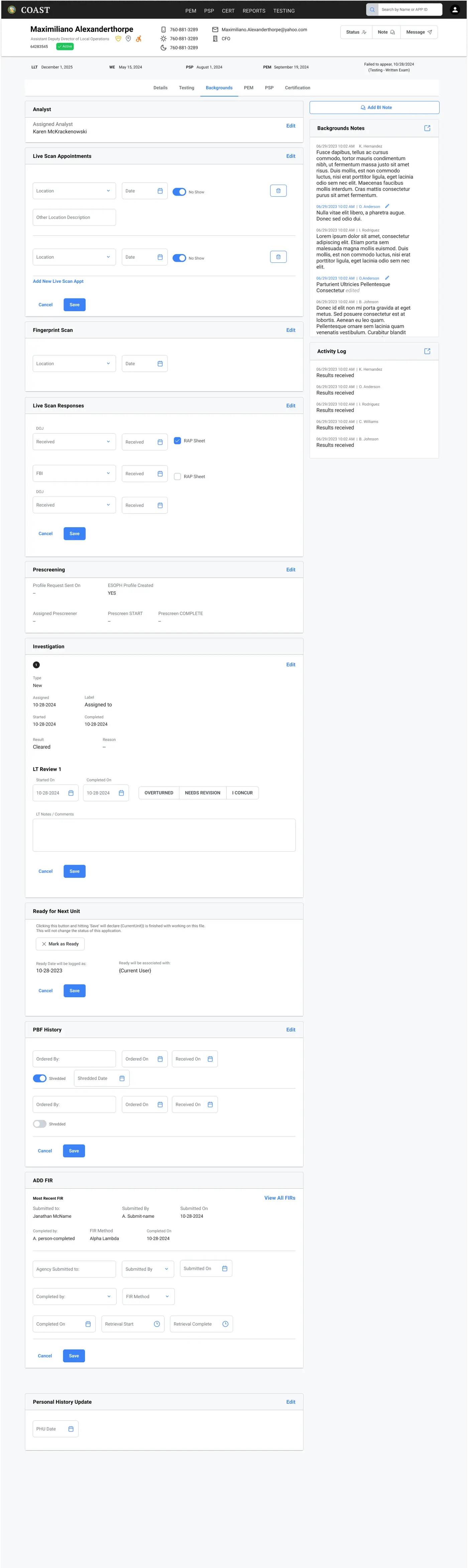 Backgrounds task view showing sectioned applicant information