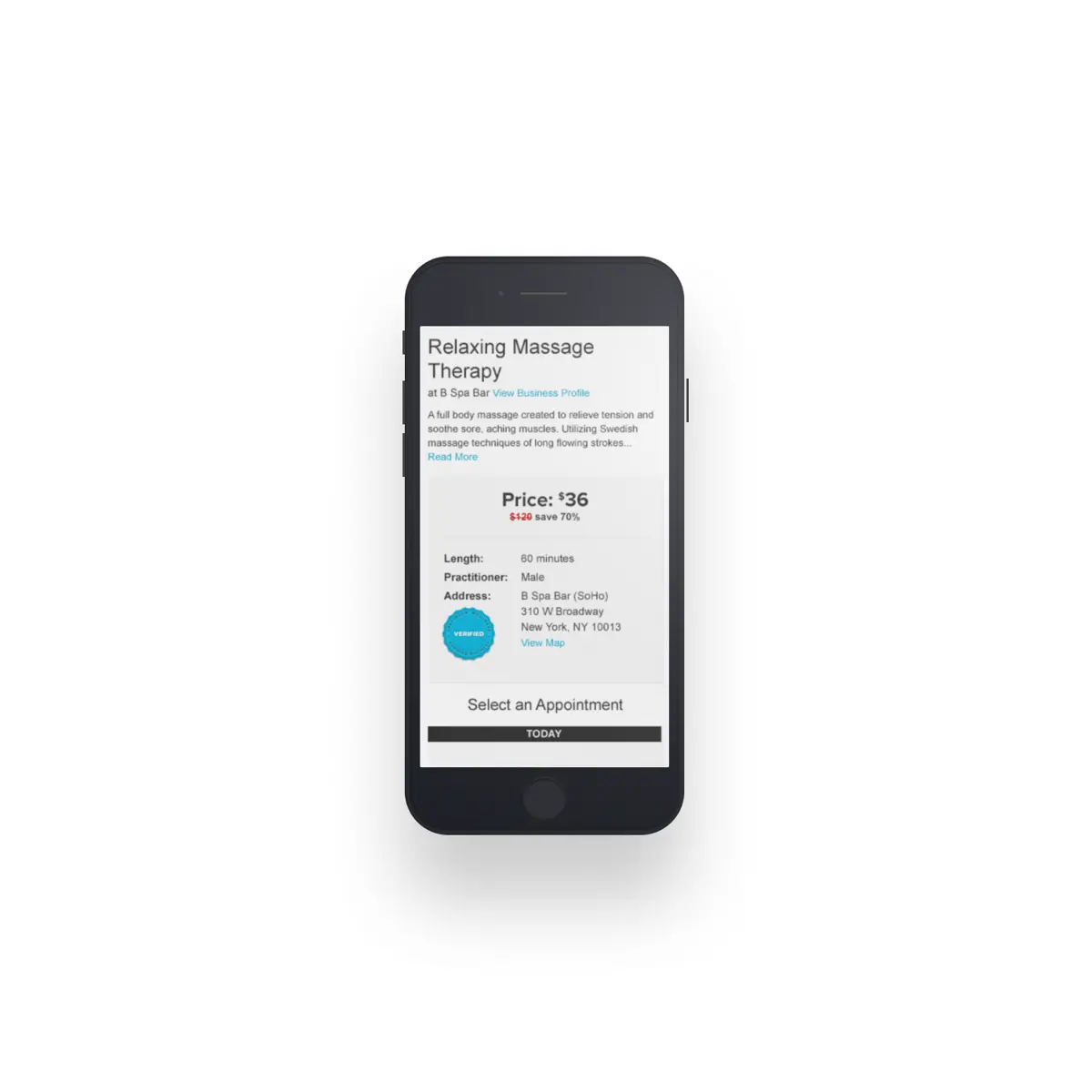 Business overview on mobile showing spa details and available appointment slots