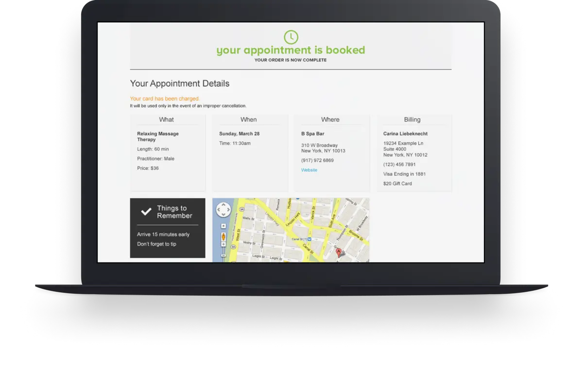 Appointment confirmation desktop view with booking details