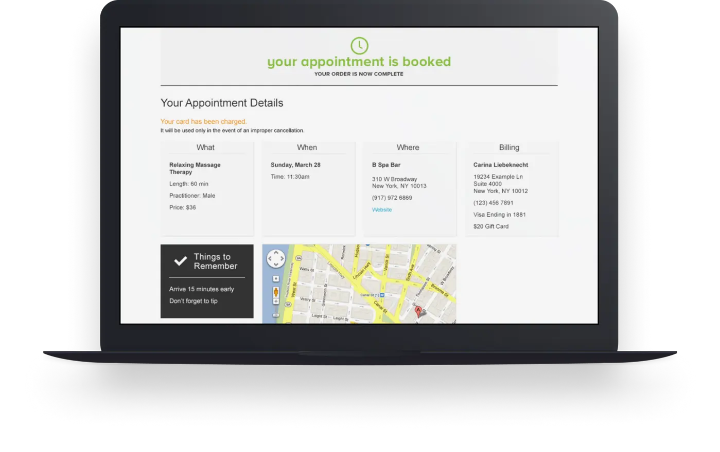 Appointment confirmation desktop view with booking details