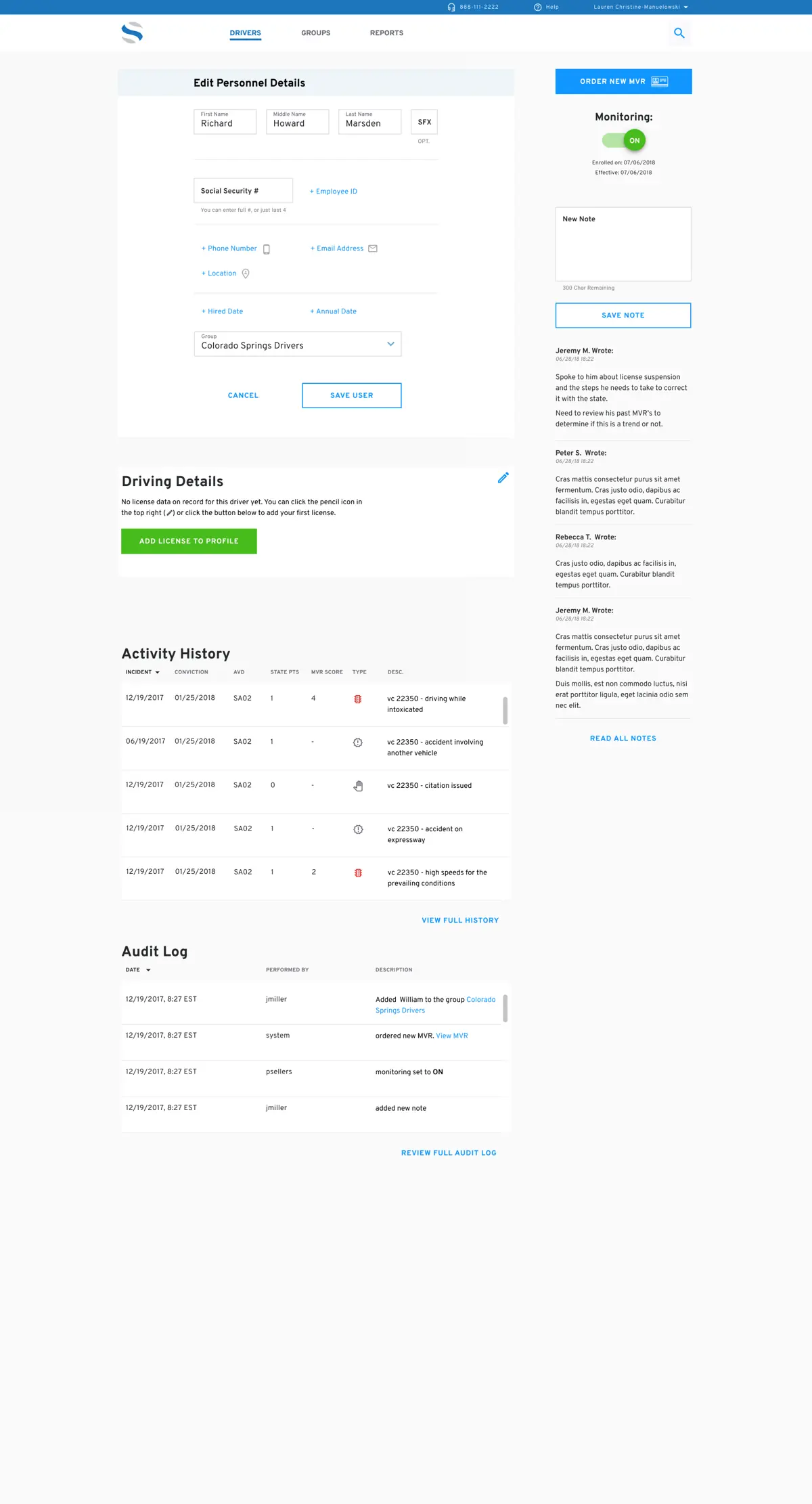 Driver Profile with collapsed inline edit fields