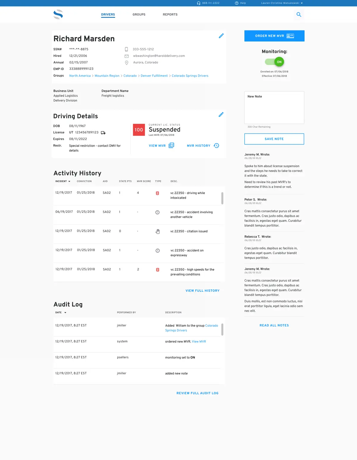 Driver Profile showing key risk metrics and history