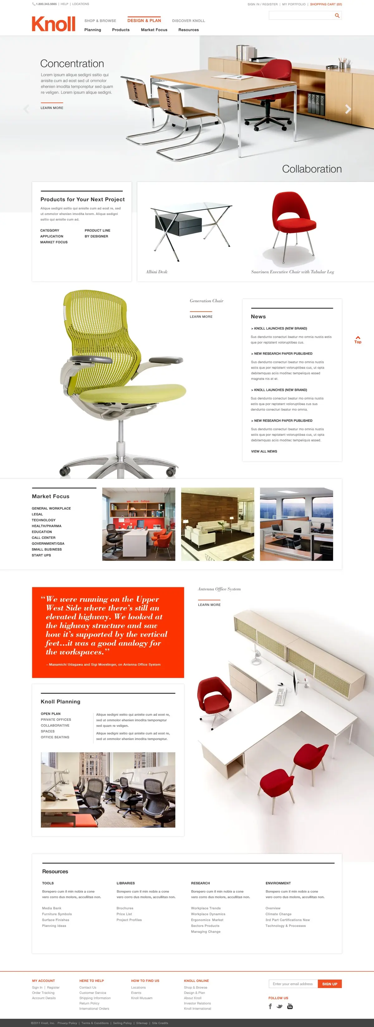 Knoll 2.0 landing page showing design and plan section for professionals