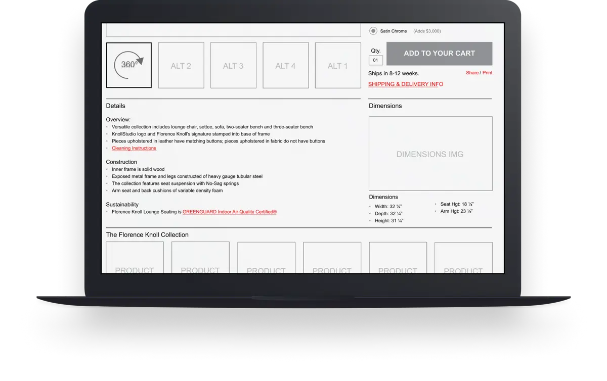 Knoll PDP dimensions detail showing measurements and specifications