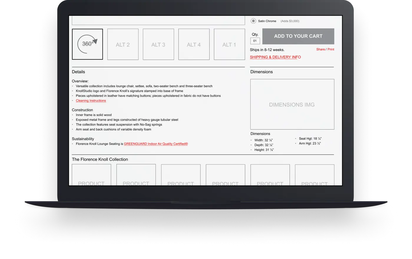 Knoll PDP dimensions detail showing measurements and specifications