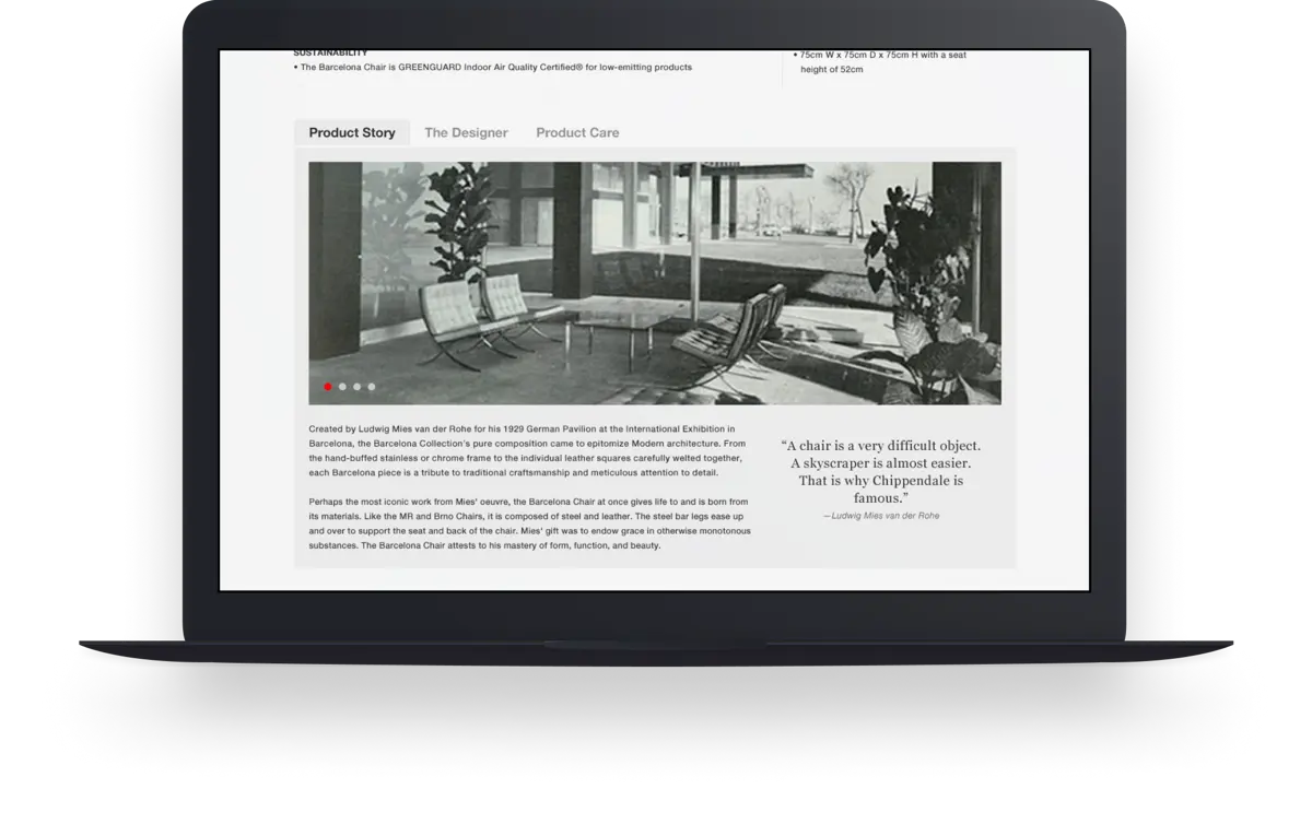 Knoll PDP story module showing tabbed romance/history content