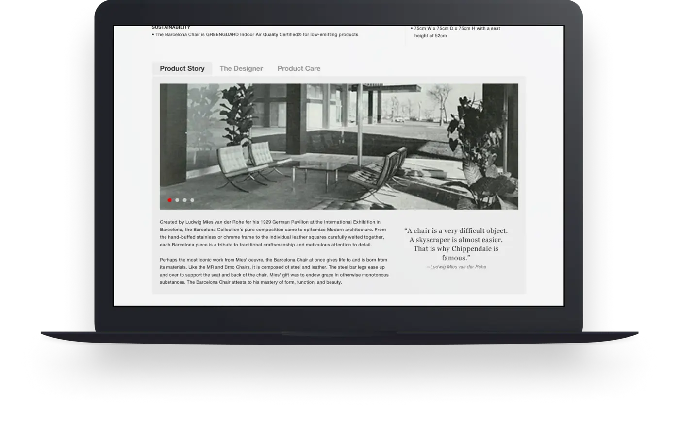 Knoll PDP story module showing tabbed romance/history content