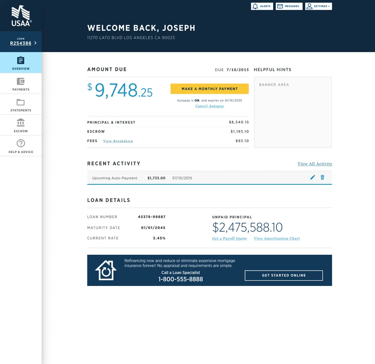 Loan overview in USAA white-label theme