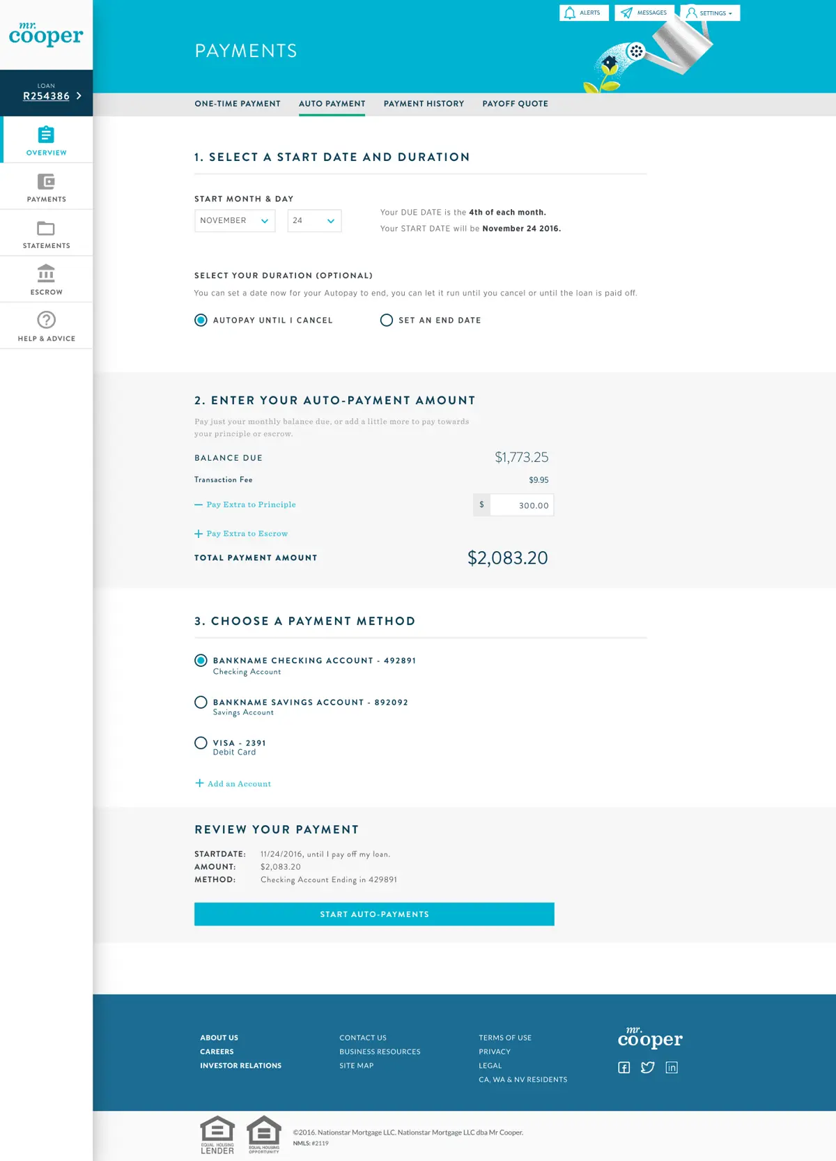 Autopayments interface — Mr. Cooper brand