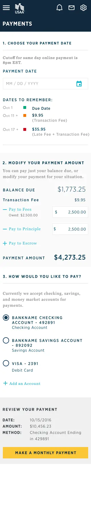 One-time payment monthly review — mobile, USAA branded