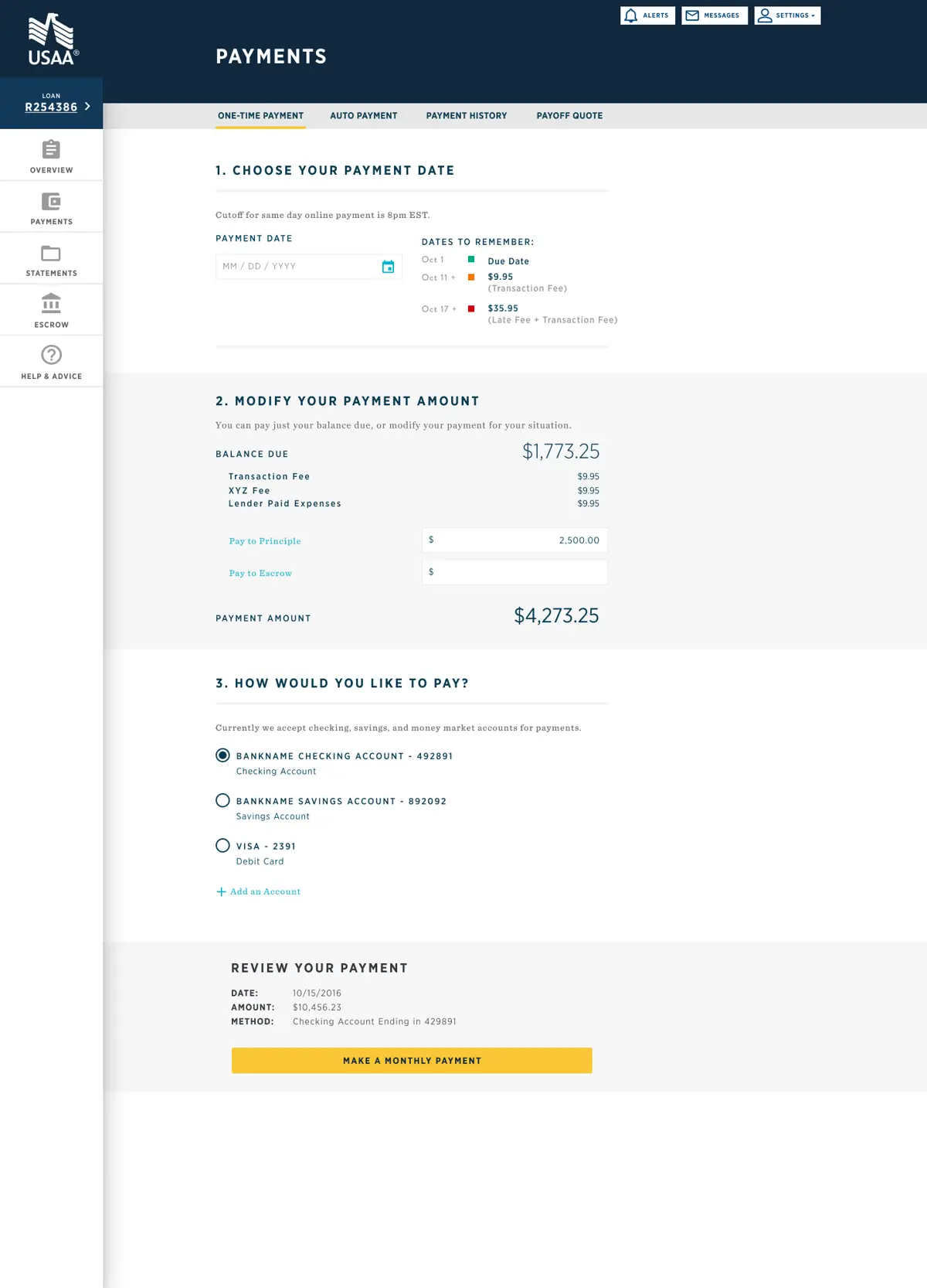One-time payments USAA-branded view