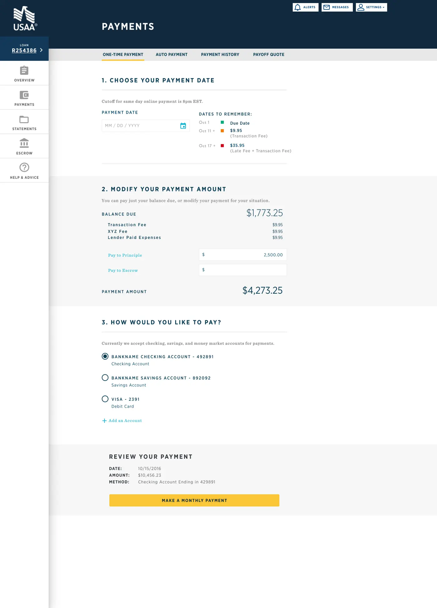 One-time payments USAA-branded view